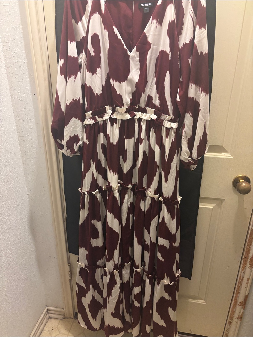Express Burgundy and Cream Tiered V-Neck Maxi Dress